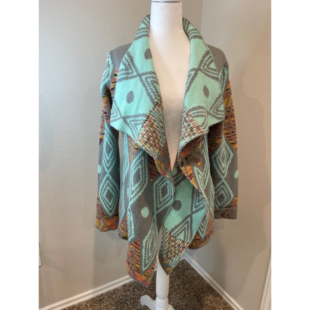 Petrol Teal Aztec Print Open Front Cardigan